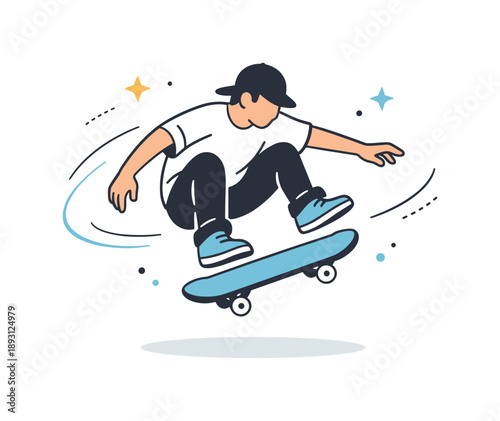 Airborne Skateboarding Excellence. Skateboarding tricks. A skateboarder mid-air performing a trick, subtle abstract motion lines and stars around emphasizing