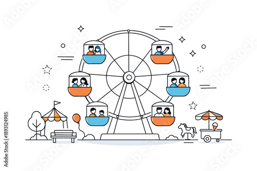 Serene Ferris Wheel Ride. People riding ferris wheel amusement park. Ferris wheel cabins moving slowly with simple park elements nearby, peaceful entertainment