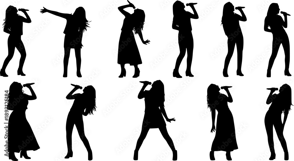 Obraz premium Female singer silhouettes with microphones performing on stage, music concert pose, dancing artists, musical expression, entertainment, vocal talent, pop star show, silhouette collection