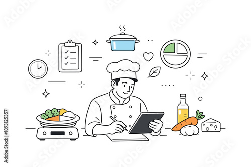 Efficient Restaurant Planning. Reducing food waste in restaurants. A chef planning portions and reviewing ingredients on a tablet, emphasizing efficiency and