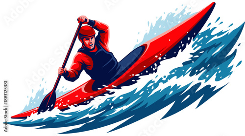 Professional Whitewater Kayaker Navigating Intense Rapids Illustration, Dynamic Kayaking Match Action Vector, Extreme Water Sports Motion Graphic in Red and Navy Blue