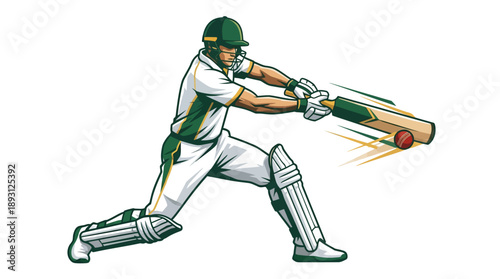 Professional Cricket Batter Executing Power Shot Illustration, Dynamic Cricket Match Action Vector, Intense Summer Sports Competition Graphic in Forest Green and White