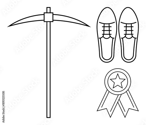 Mining tools, success recognition, rewards, footwear, achievement symbols, graphic elements. Set of black outline drawings includes pickaxe, lace-up shoes and an award medal. Mining tools