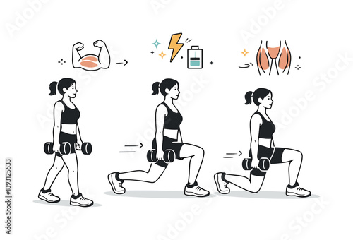 Lunges with Dumbbells. Strength training routine. A person in gym attire performing multiple lunges with dumbbells, subtle abstract icons for muscles and