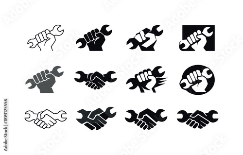 Hands-On Logo Icons. Hands-on job. Icon set. Set Logo of hands-on job: wrench tool. harmonious logo variations: Minimal outline, Filled silhouette, Abstract