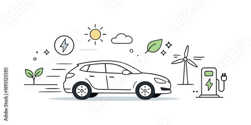 Electric Future Ride. Clean energy driving. Electric vehicle moving smoothly with subtle motion lines, quiet ride and reduced emissions. Airy composition with