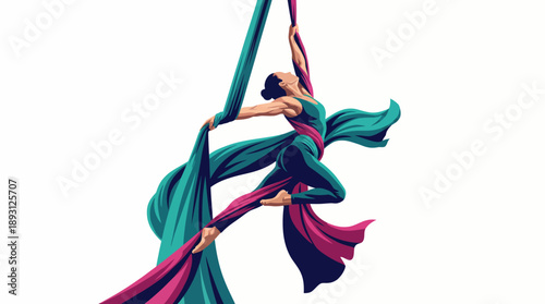 Aerial Silk Acrobat Performing Mid-Air Graceful Pose Illustration, Female Aerialist Performance Vector, Dynamic Cirque Arts and Fitness Motion Graphic