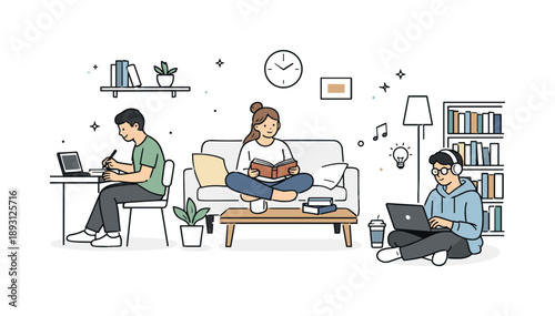 Calm Study Atmosphere. People studying at home. A shared living space with people quietly studying in different corners, surrounded by books and calm