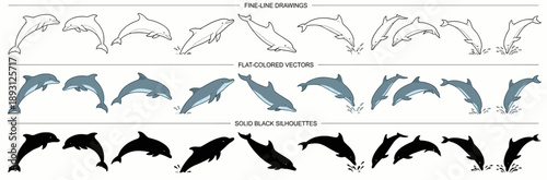 Dolphin Vector Icon Set with Fine Line Drawings, Flat Colored Vectors, and Solid Black Silhouettes, Bottlenose Dolphin Illustrations for Marine Life, Ocean, and Travel Design