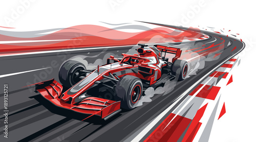 Formula 1 Racing Car Drifting on Sharp Curve Illustration, Professional F1 Motorsport Dynamic Motion Vector, High-Performance Race Car on Track with Tire Smoke