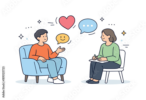 Calm Supportive Conversation. Mental health support. A calm editorial scene of a person sitting comfortably while talking with a supportive listener, soft