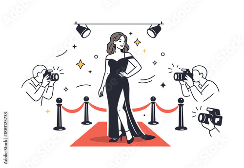 Red Carpet Glamour. A movie star on the red carpet, posing for photographers in glamorous attire. A confident celebrity stands under soft spotlights while