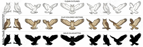 Great Horned Owl Vector Icon Set with Line Art Outlines, Flat Colored Vectors, and Solid Black Silhouettes, Owl Illustrations for Wildlife Education and Nocturnal Nature Design