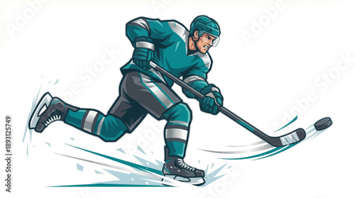 Ice Hockey Player Skating and Shooting Puk Illustration, Dynamic Professional Athlete Motion Vector, High-Action Winter Sports Competition Art in Teal and Charcoal