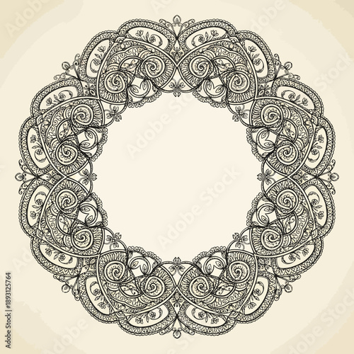 Intricate Circular Mandala Frame with Ornate Filigree Patterns, Symmetrical Henna-Style Vector Border for Wedding Invitations and Spiritual Design