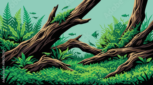 Lush Underwater Aquascape with Driftwood and Aquatic Ferns Illustration, Natural Biotope Aquarium Landscape Vector with Small Fish, Zen Water Garden Design
