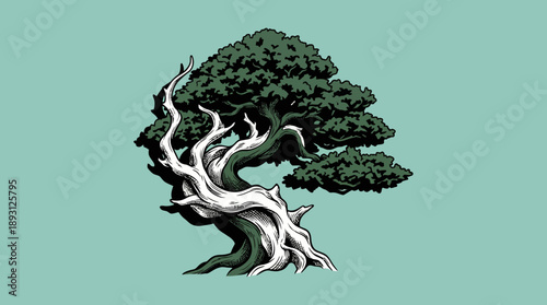 Detailed Bonsai Tree with Twisted White Trunk Illustration, Traditional Japanese Zen Garden Botanical Art, Minimalist Nature Vector on Teal Background