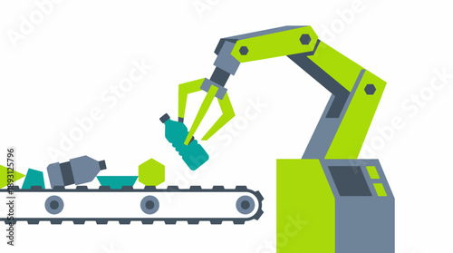 Industrial Robot Arm for Plastic Recycling and Sorting, Automated Conveyor Belt System Illustration, Sustainable Waste Management and Green Tech Concept