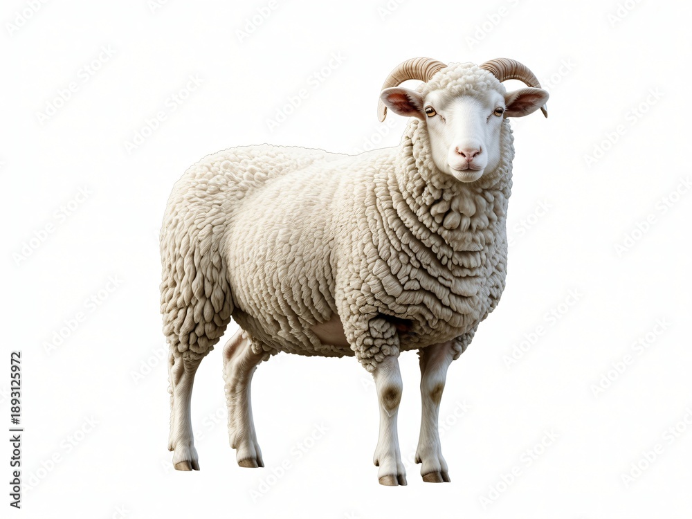 Obraz premium A majestic ram stands proudly with thick wool and curved horns against a stark white background.