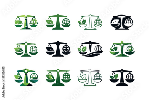 Ethical Consumerism Icons. Ethical consumerism guides. Icon set. Set Logo of ethical consumerism guides: balance scale with eco symbols. harmonious logo