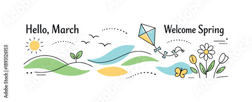 March Seasonal Essence. March seasonal banner templates. An abstract editorial banner with flowing shapes and soft alignment, suggesting movement into a new