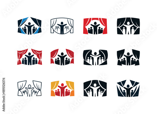 Dramatic Stage Icons. A dramatic reveal of an actor?s performance on stage, with a full cast behind them. Icon set. Set Logo of dramatic stage performance