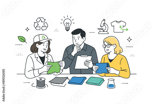 Textile Recycling Innovations. Innovations in textile recycling. Engineers and designers reviewing recycled fabric samples on a table, discussing new material