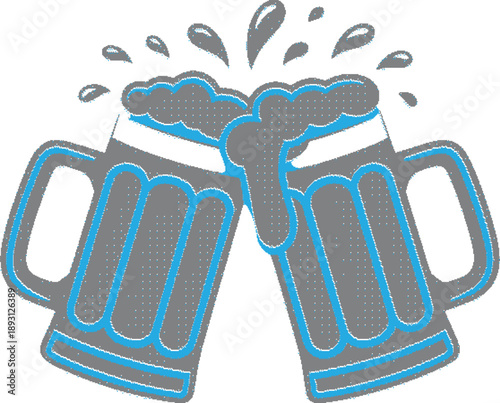 Two grey beer mugs with blue outlines clinking together with frothy foam and splashes against a white background