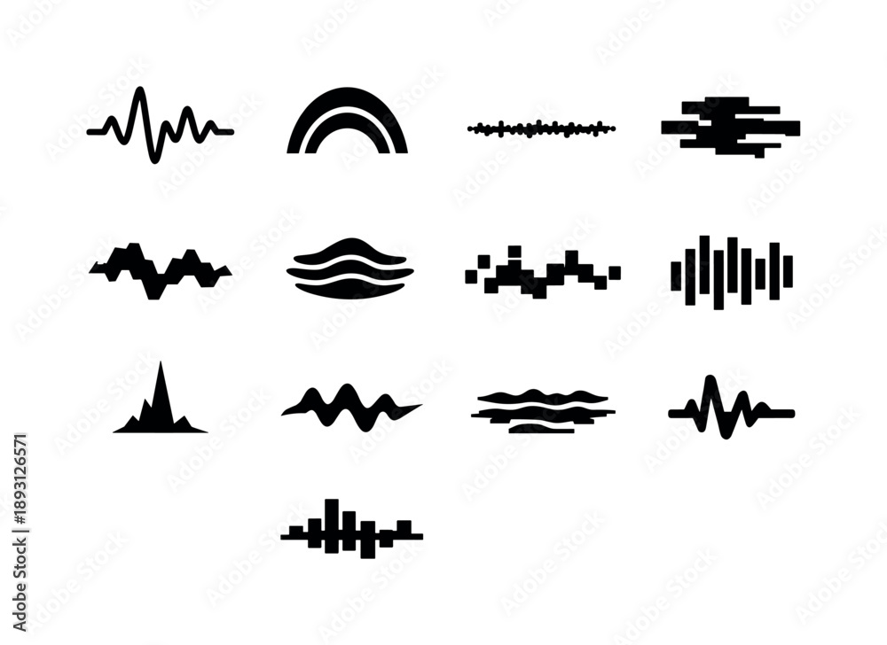 Fototapeta premium Digital Sound Patterns Icons. Synthetic sound patterns. Solid icon set of synthetic sound patterns: digital waveform, modulated arc, granular line, glitch bar,