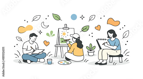 Garden Art Therapy. Outdoor art therapy. Participants painting or drawing in a garden or park, abstract shapes and leaves floating around. Calm connection with