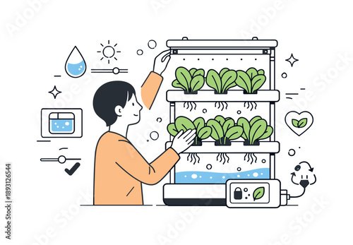 Hydroponic Gardening Serenity. Hydroponic home gardening. A person gently checks leafy greens growing in a vertical hydroponic system, adjusting water and