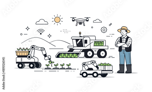 Futuristic Farming Automation. Robotics in farming. Automated machines assist with planting or harvesting while a farmer supervises calmly. The mood is