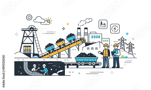 Modern Coal Mining Illustration. Coal mining industry today. Simplified mine structure with conveyor belts and coal carts, clean and orderly environment.