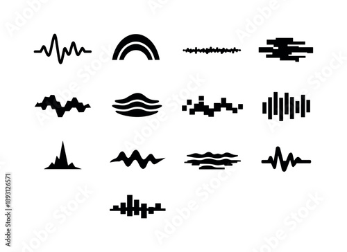Digital Sound Patterns Icons. Synthetic sound patterns. Solid icon set of synthetic sound patterns: digital waveform, modulated arc, granular line, glitch bar,