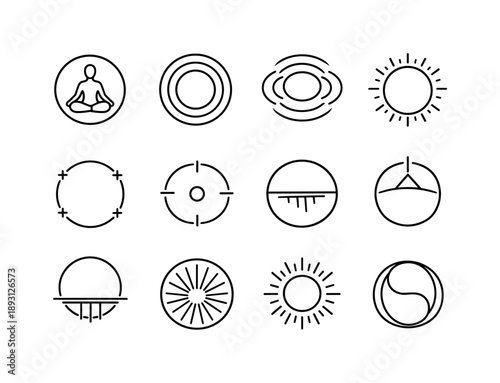 Spiritual Circle Icons. Sacred circle. Line icon set of spiritual circle motifs: meditation circle, breath circle, energy ripple, aura ring, healing circle,