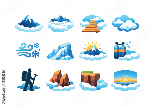 Above the Clouds Icons. Above the clouds. Colorful flat vector icons set of above the clouds: high summit, fog sea, sky path, floating clouds, cold breeze, ice