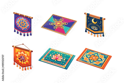 Isometric Spiritual Mandalas. Spiritual Art. Isometric flat vector icons set of Spiritual Art: sacred mandala tapestry, geometric spiritual cloth, ritual