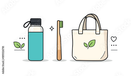 Zero Waste Essentials. Zero waste essentials. A small set of eco-friendly products placed side by side, reusable bottle, bamboo toothbrush, and cloth bag.