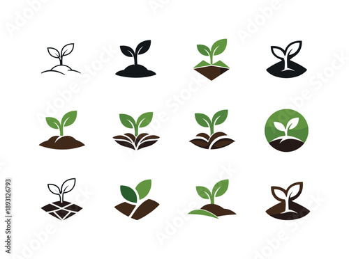 Botany Logo Variations. Botany. Icon set. Set Logo of Botany: sprouting seedling. harmonious logo variations of the same emblematic concept, each