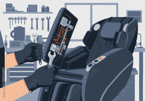 A mechanic repairs a massage chair, showcasing intricate wiring. A professional setting with tools and a detailed view of the machine?s internal components. Modern, technical illustration.