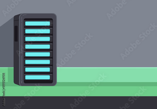 Modern home energy storage unit glows with teal lights. Clean, minimalist design on a green backdrop. Ideal for renewable energy concepts.