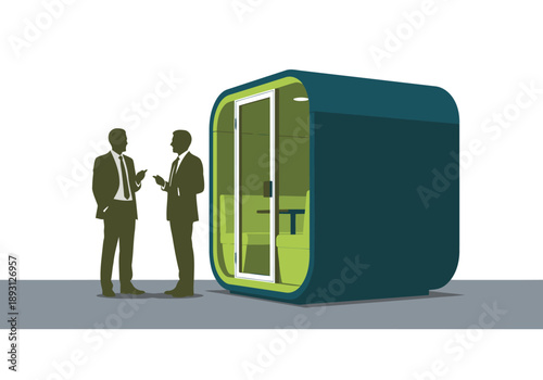 Modern networking pod interior showcases two professionals collaborating Clean lines vibrant green accents and minimalist design create a productive workspace