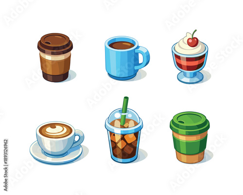 Colorful Cafe Icon Grid. Cafe. Isometric flat vector icons set of cafe: takeaway coffee cup, ceramic mug, glass dessert cup, cappuccino cup, iced drink cup,