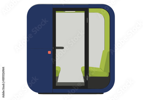 Modern office pod furniture offers private workspace solutions. Clean design, vibrant colors, and clear glass create a stylish and functional environment.