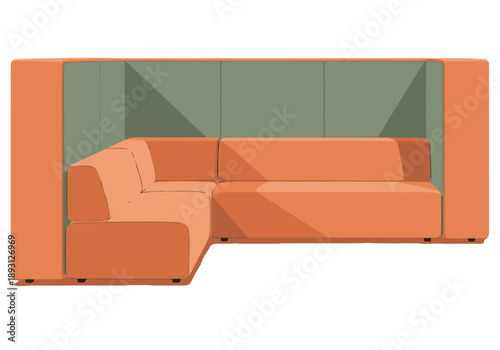 A modern sofa pod modular lounge, showcasing a vibrant orange design with green accents. Clean lines and a minimalist aesthetic create a stylish and inviting space.