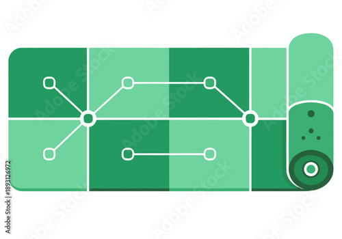 A modern, stylized yoga mat icon with a connected network design. Clean, green gradient, perfect for wellness and fitness branding. Simple, flat design.