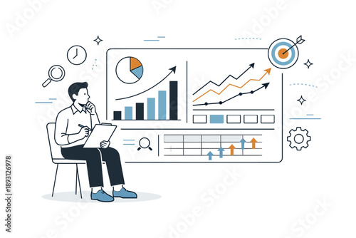 Predictive Analytics Illustration. Predictive analytics. A data analyst calmly reviewing charts and graphs on a large screen, patterns and arrows hinting at