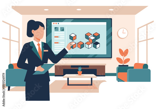 A professional woman demonstrates a booking pod interface, showcasing data archiving. Modern, clean design with a focus on technology and business solutions.