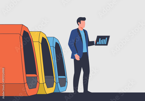 A professional man analyzes data on a tablet, overseeing automated delivery vehicles. Modern office setting, focused on optimization and efficiency.