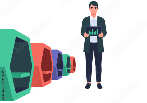 A professional manager optimizes a pod zone, analyzing data on a tablet. Modern, clean design with a focus on efficiency and technology. Suitable for business and tech themes.